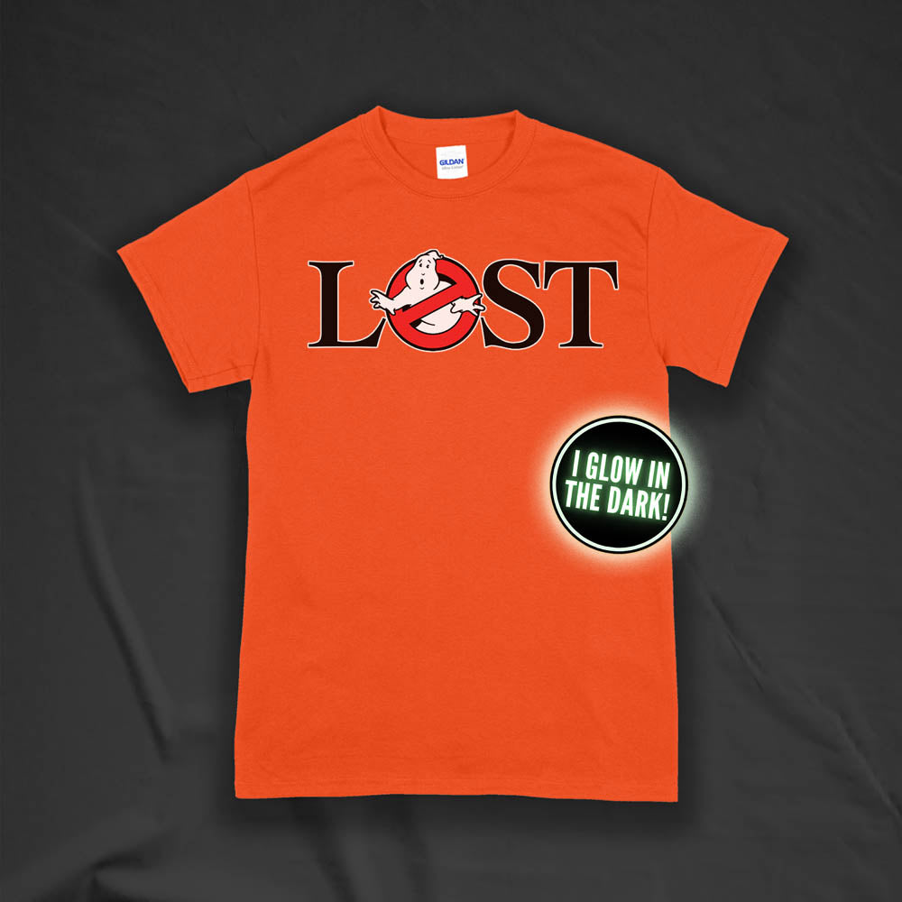 Who ya gonna call? Lostbusters! Screen printed logo with a glow in the dark ghost. Printed and displayed on an orange t-shirt.