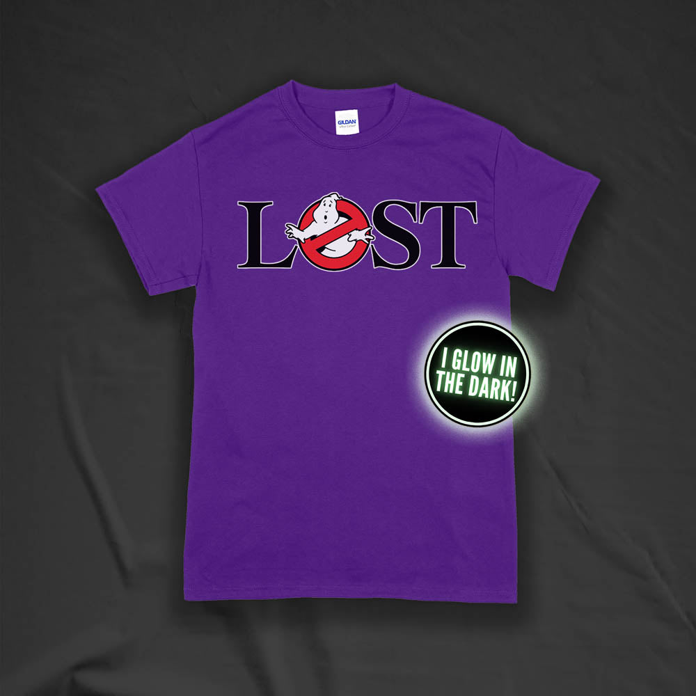 Who ya gonna call? Lostbusters! Screen printed logo with a glow in the dark ghost. Printed and displayed on a purple t-shirt.