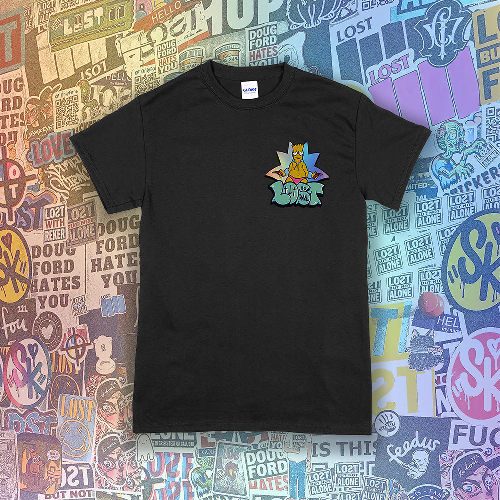Bang Bang. A colorful interpretation of our favorite animated degenerate rocking a pink speedo. Printed and displayed on a black t-shirt. A collage of brightly colored graffiti stickers provides a contrasting background to the work. 