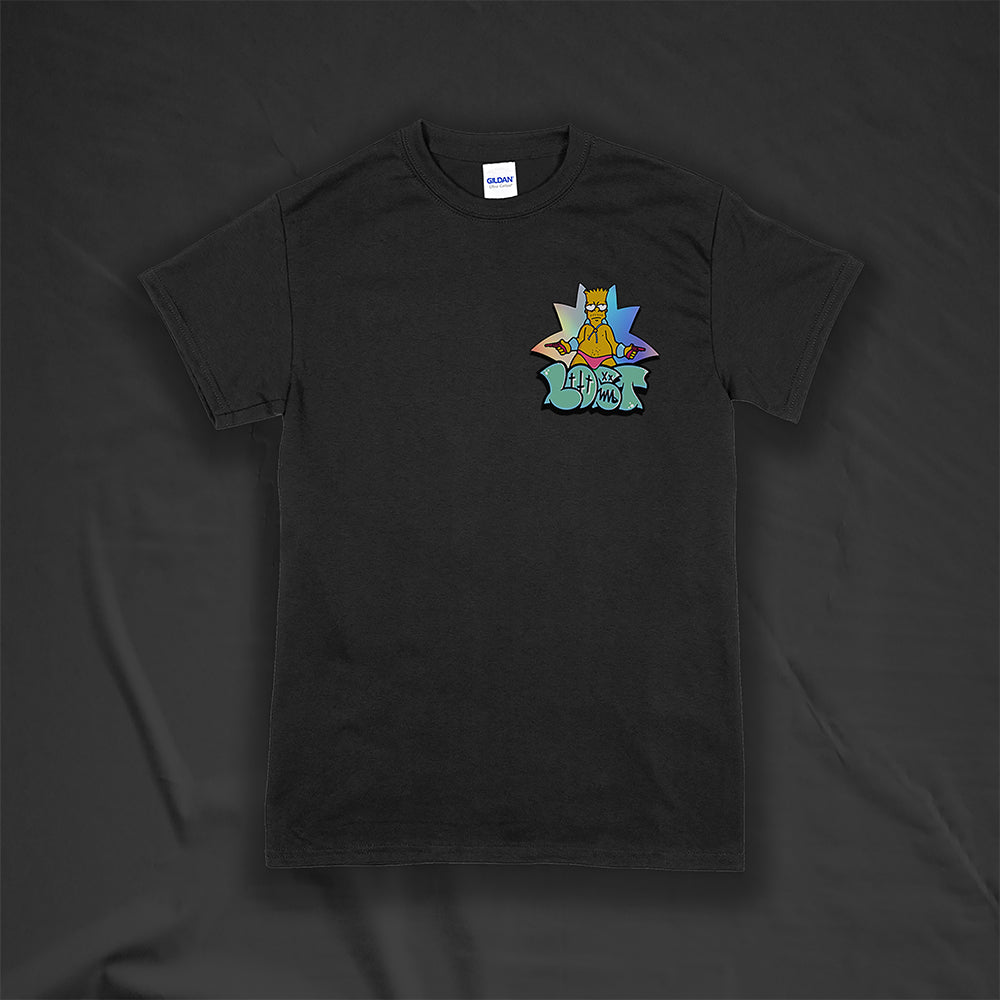 Bang Bang. A colorful interpretation of our favorite animated degenerate rocking a pink speedo. Printed and displayed on a black t-shirt.