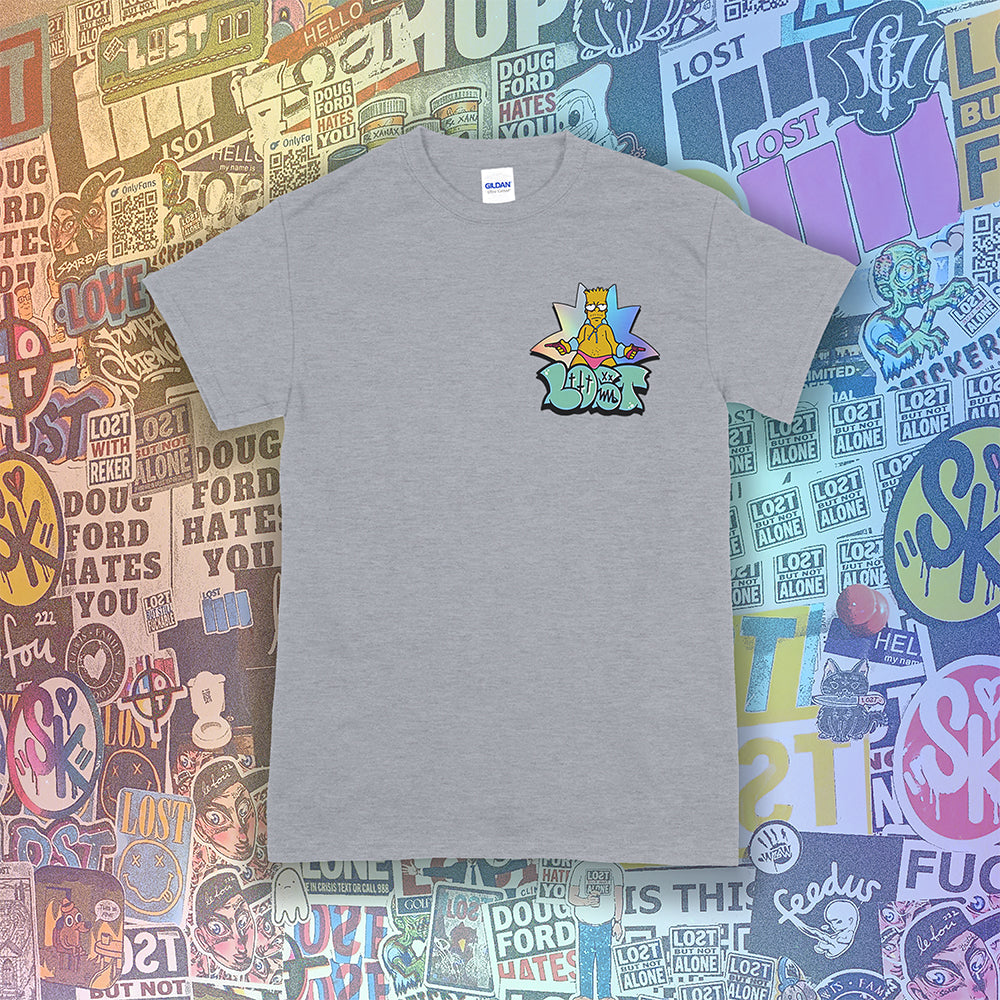 Bang Bang. A colorful interpretation of our favorite animated degenerate rocking a pink speedo. Printed and displayed on a light gray t-shirt. A collage of brightly colored graffiti stickers provides a contrasting background to the work. 