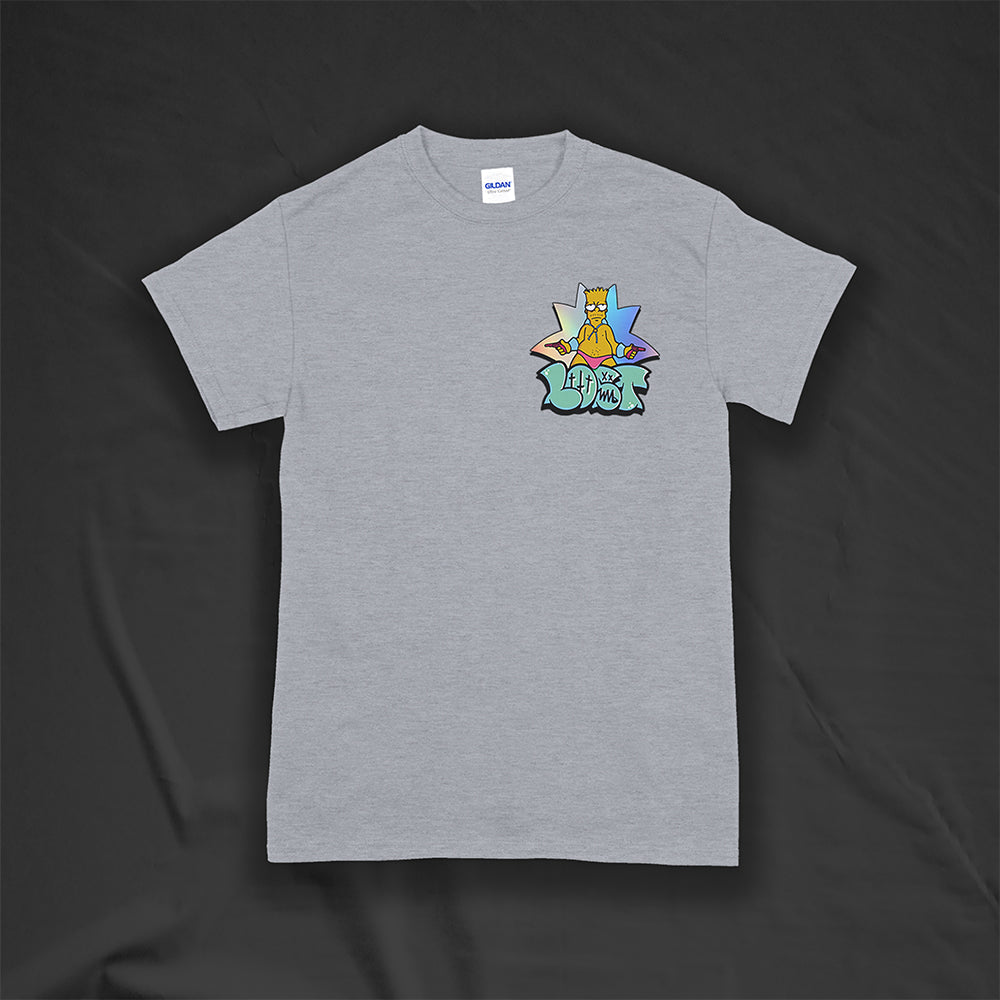 Bang Bang. A colorful interpretation of our favorite animated degenerate rocking a pink speedo. Printed and displayed on a light gray t-shirt.