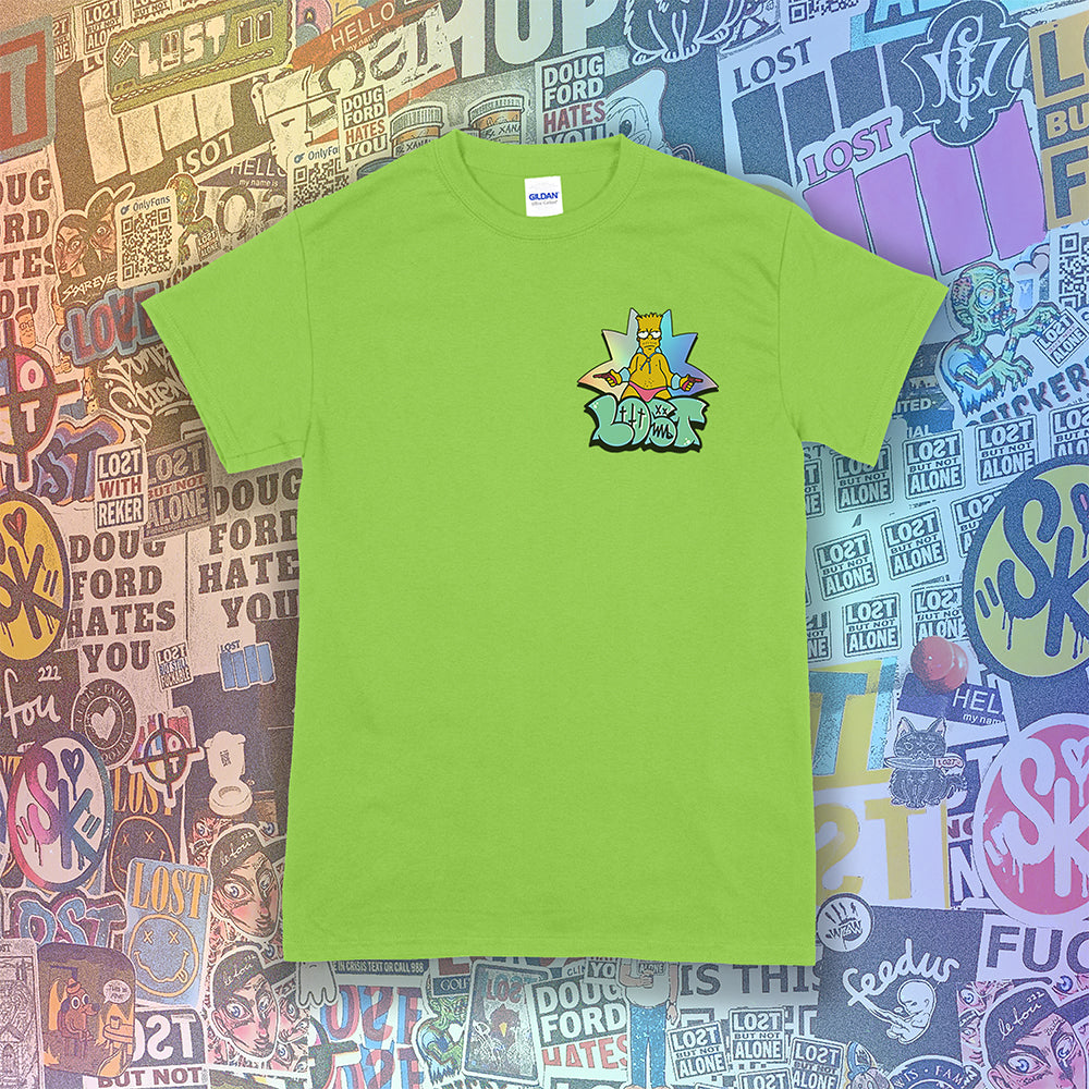 Bang Bang. A colorful interpretation of our favorite animated degenerate rocking a pink speedo. Printed and displayed on a bright green t-shirt. A collage of brightly colored graffiti stickers provides a contrasting background to the work. 