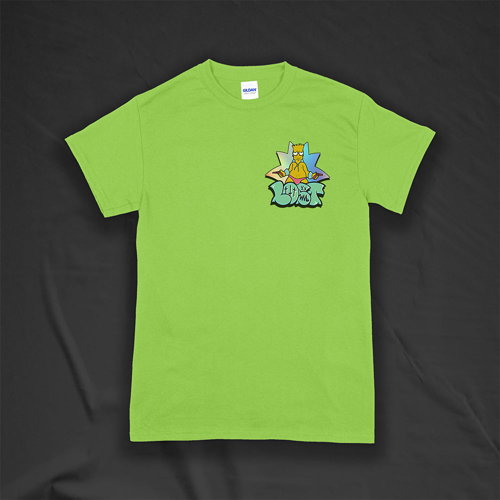 Bang Bang. A colorful interpretation of our favorite animated degenerate rocking a pink speedo. Printed and displayed on a lime green t-shirt.