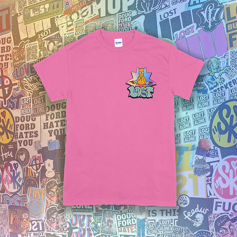 Bang Bang. A colorful interpretation of our favorite animated degenerate rocking a pink speedo. Printed and displayed on an azalea pink t-shirt. A collage of brightly colored graffiti stickers provides a contrasting background to the work. 
