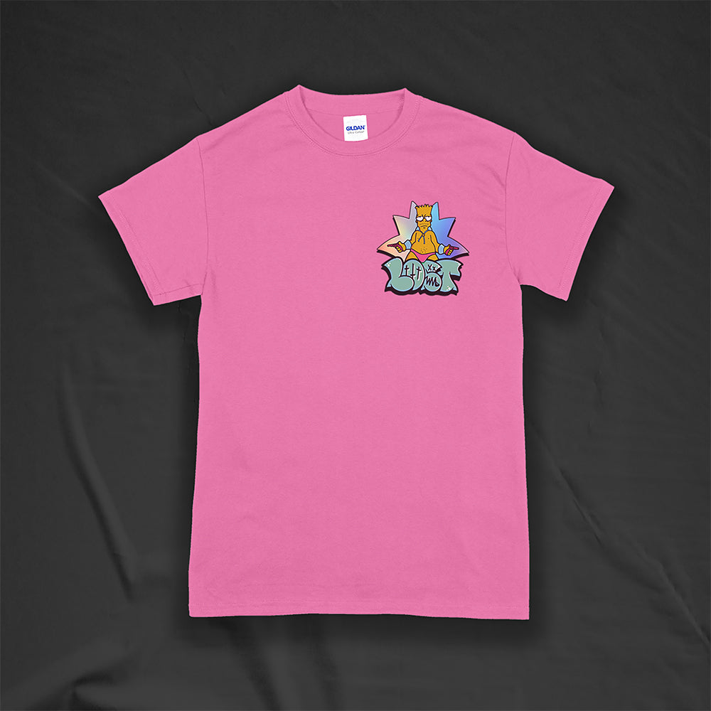 Bang Bang. A colorful interpretation of our favorite animated degenerate rocking a pink speedo. Printed and displayed on a bright pink t-shirt.