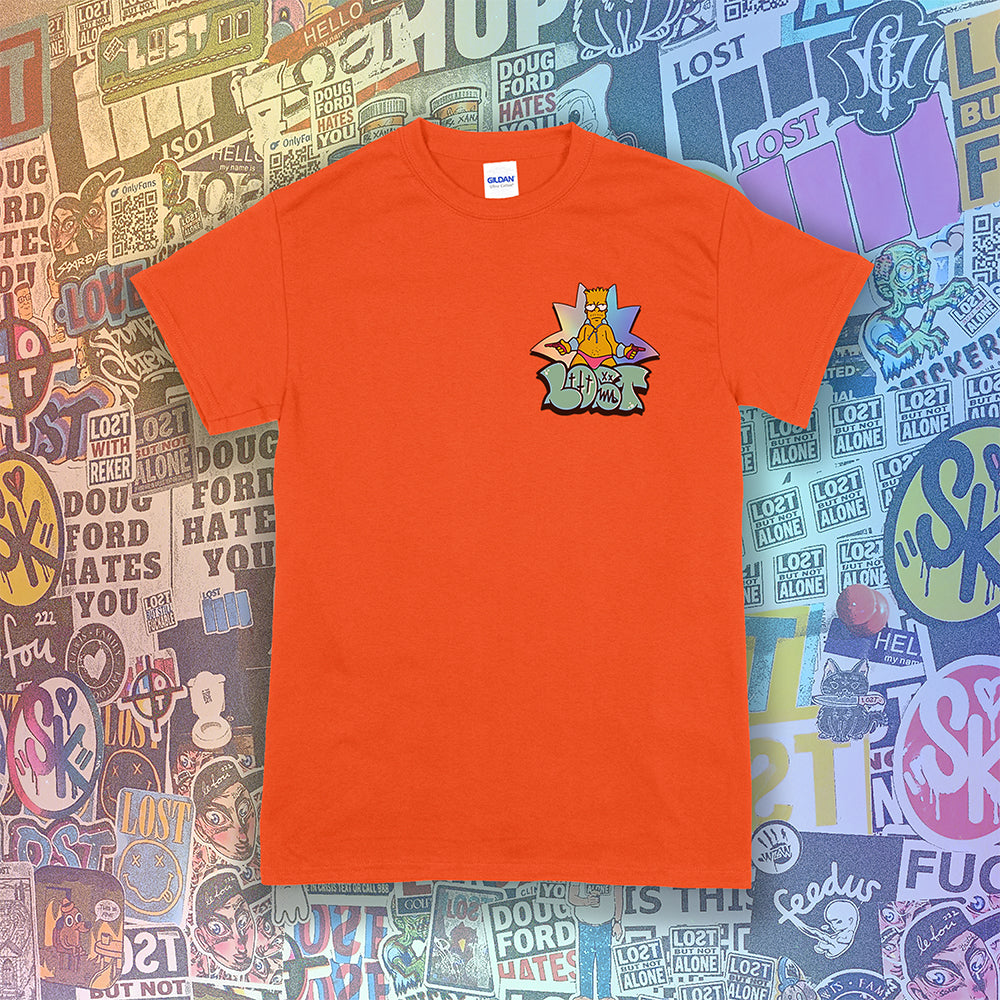 Bang Bang. A colorful interpretation of our favorite animated degenerate rocking a pink speedo. Printed and displayed on an orange t-shirt. A collage of brightly colored graffiti stickers provides a contrasting background to the work. 