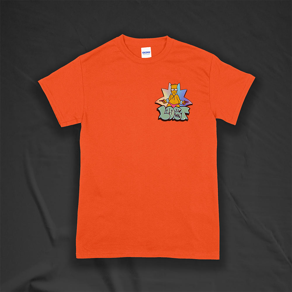 Bang Bang. A colorful interpretation of our favorite animated degenerate rocking a pink speedo. Printed and displayed on a bright orange t-shirt.