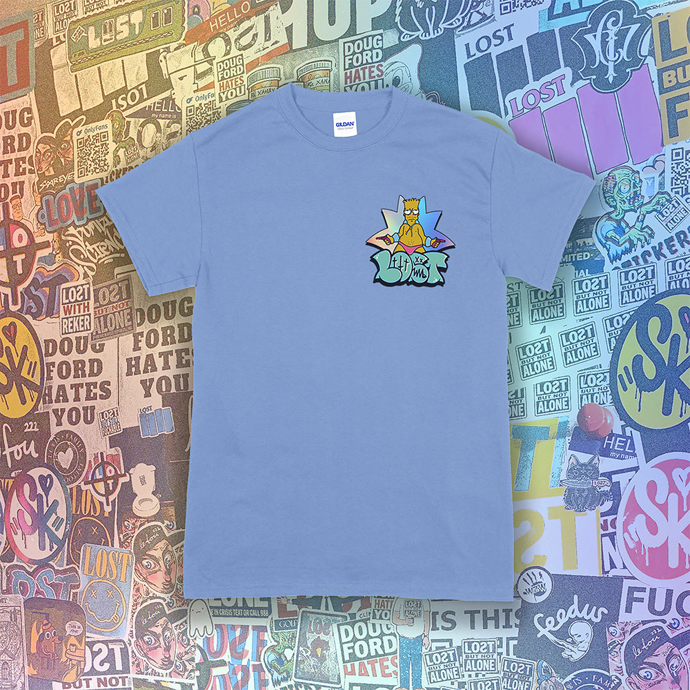 Bang Bang. A colorful interpretation of our favorite animated degenerate rocking a pink speedo. Printed and displayed on a light blue t-shirt. A collage of brightly colored graffiti stickers provides a contrasting background to the work. 