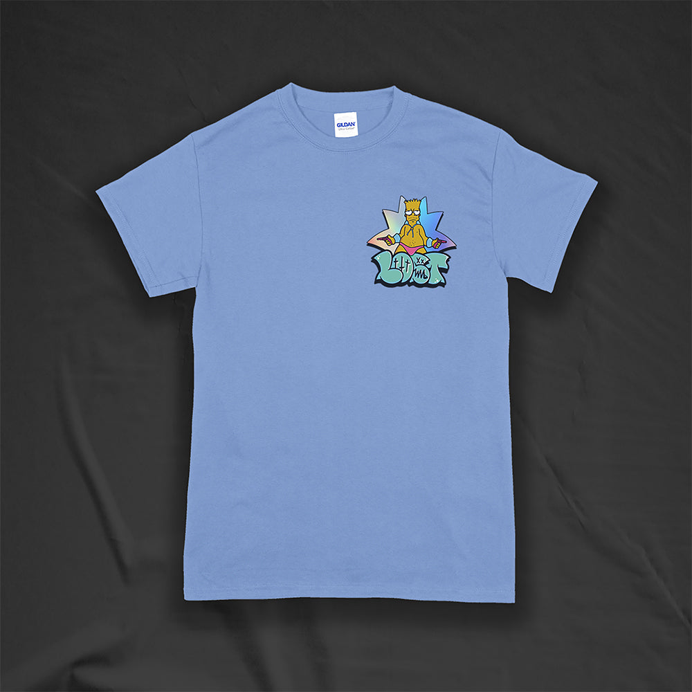 Bang Bang. A colorful interpretation of our favorite animated degenerate rocking a pink speedo. Printed and displayed on a light blue t-shirt.