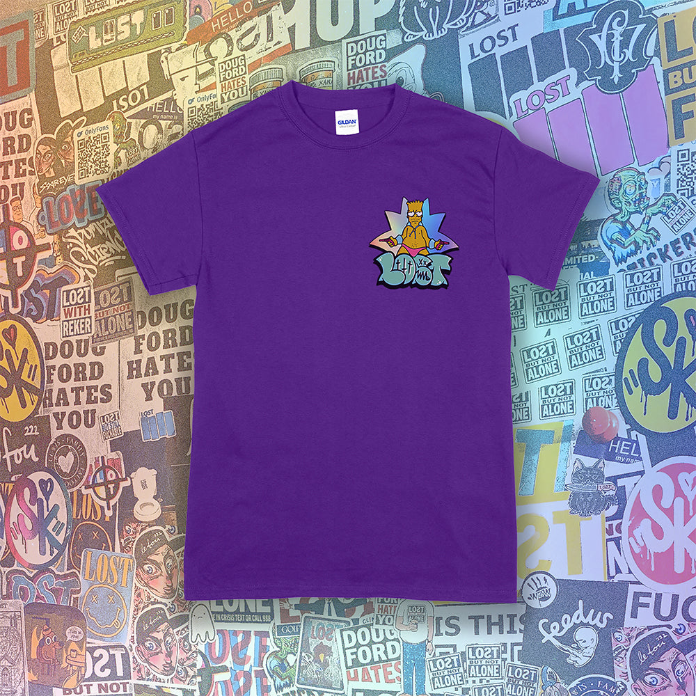 Bang Bang. A colorful interpretation of our favorite animated degenerate rocking a pink speedo. Printed and displayed on a purple t-shirt. A collage of brightly colored graffiti stickers provides a contrasting background to the work. 