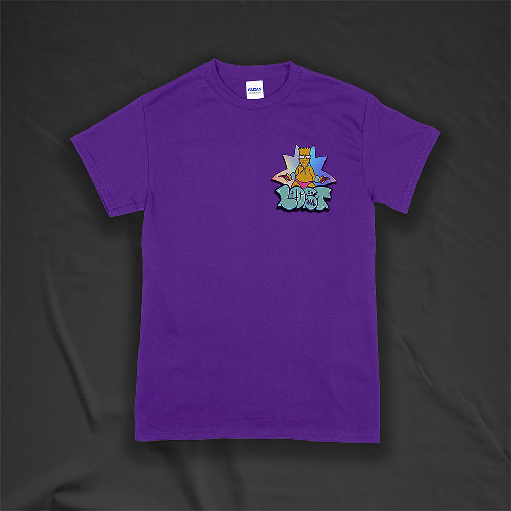Bang Bang. A colorful interpretation of our favorite animated degenerate rocking a pink speedo. Printed and displayed on a deep purple t-shirt.