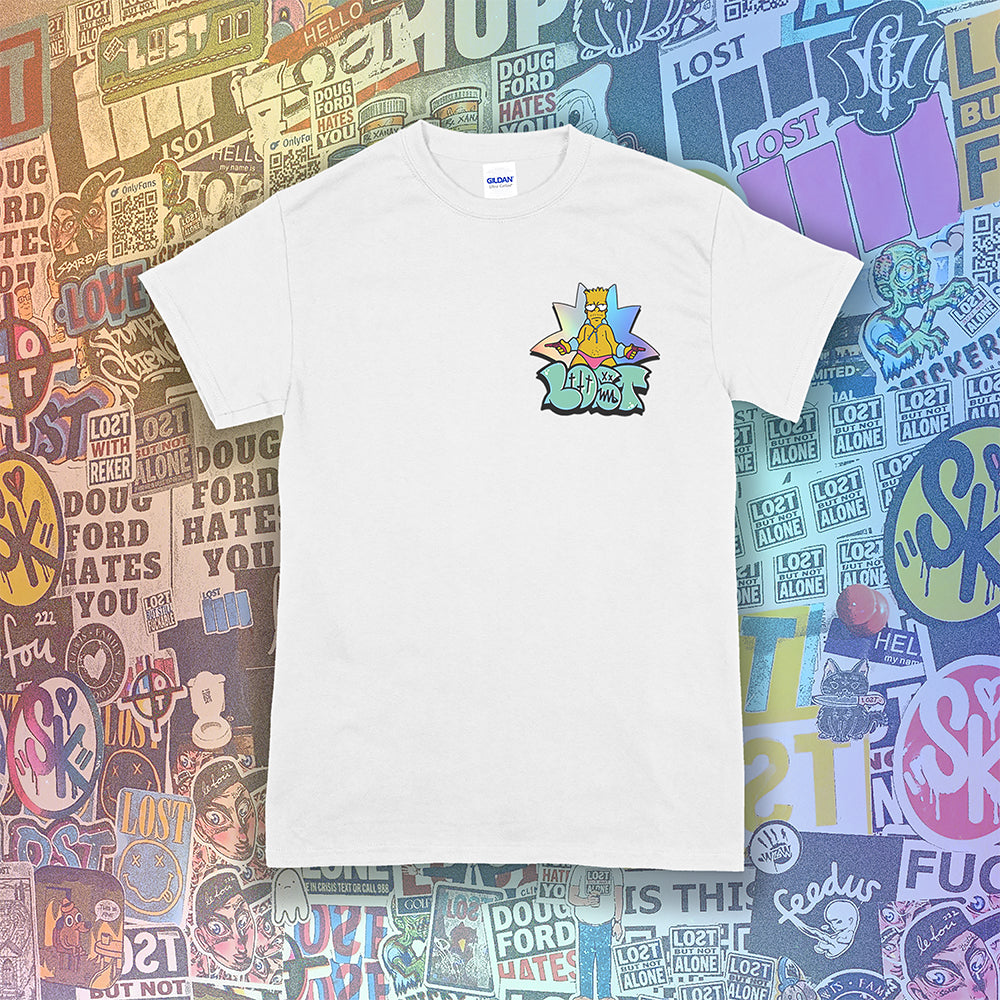 Bang Bang. A colorful interpretation of our favorite animated degenerate rocking a pink speedo. Printed and displayed on a white t-shirt. A collage of brightly colored graffiti stickers provides a contrasting background to the work. 