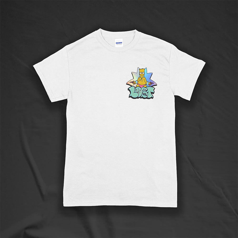 Bang Bang. A colorful interpretation of our favorite animated degenerate rocking a pink speedo. Printed and displayed on a bright white t-shirt. 