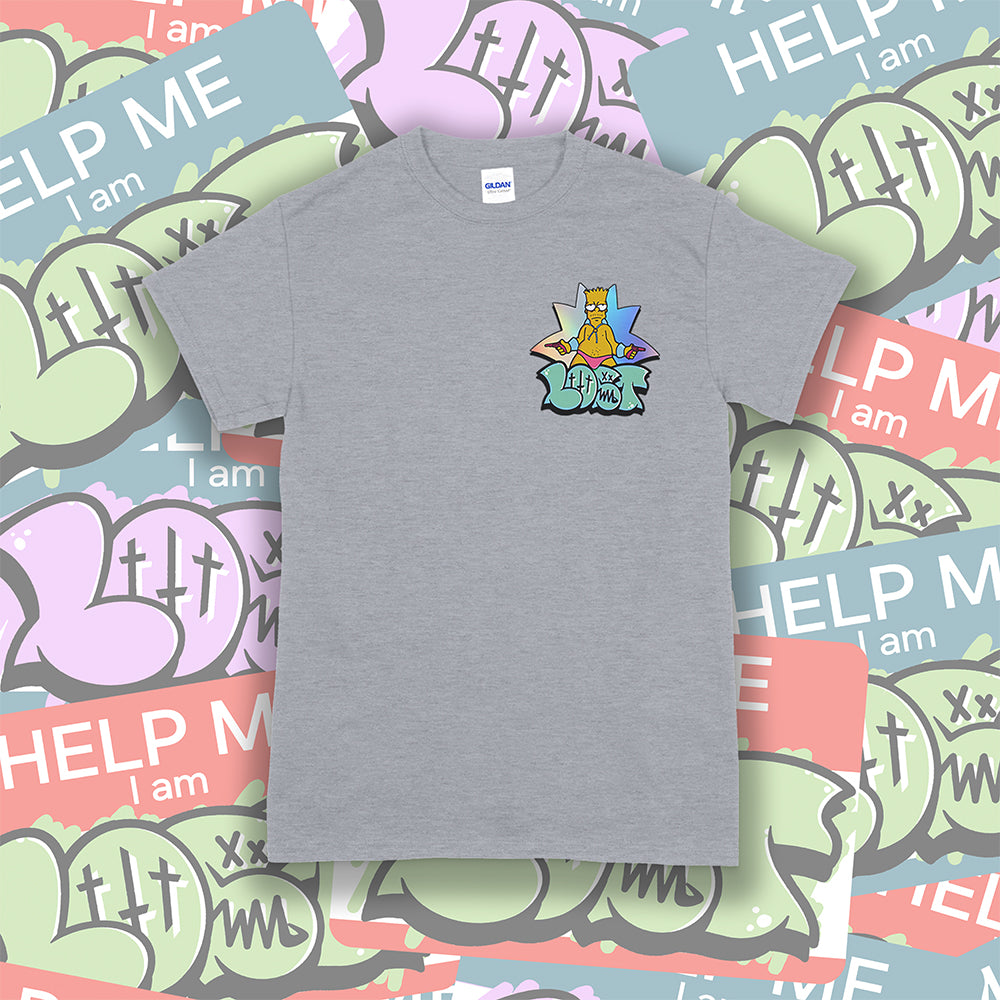 Bang Bang. A colorful interpretation of our favorite animated degenerate rocking a pink speedo. Printed and displayed on a light gray t-shirt. A collage of brightly colored graffiti stickers provides a contrasting background to the work. 