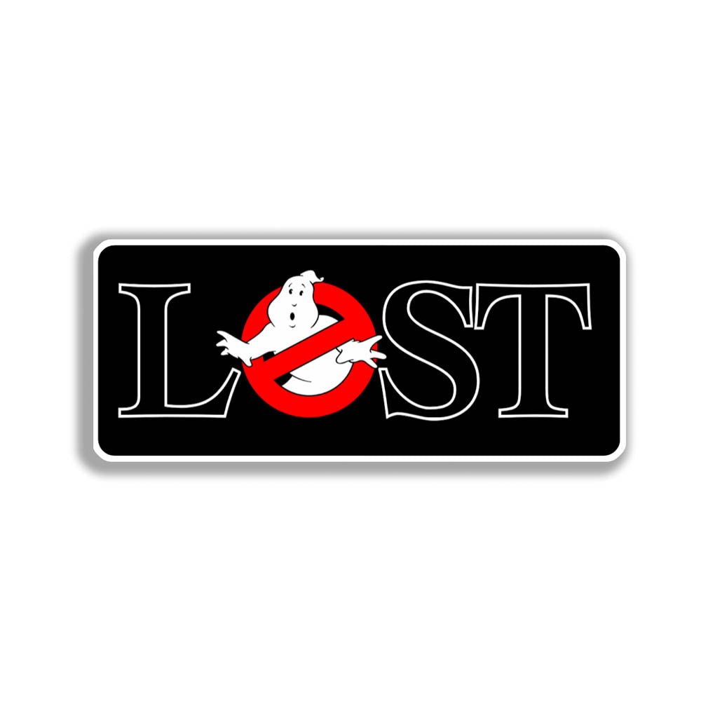 The Lostbusters graffiti sticker. Featuring the 80's ghostbusters logo as the O in the word LOST. This sticker is displayed against a white background.