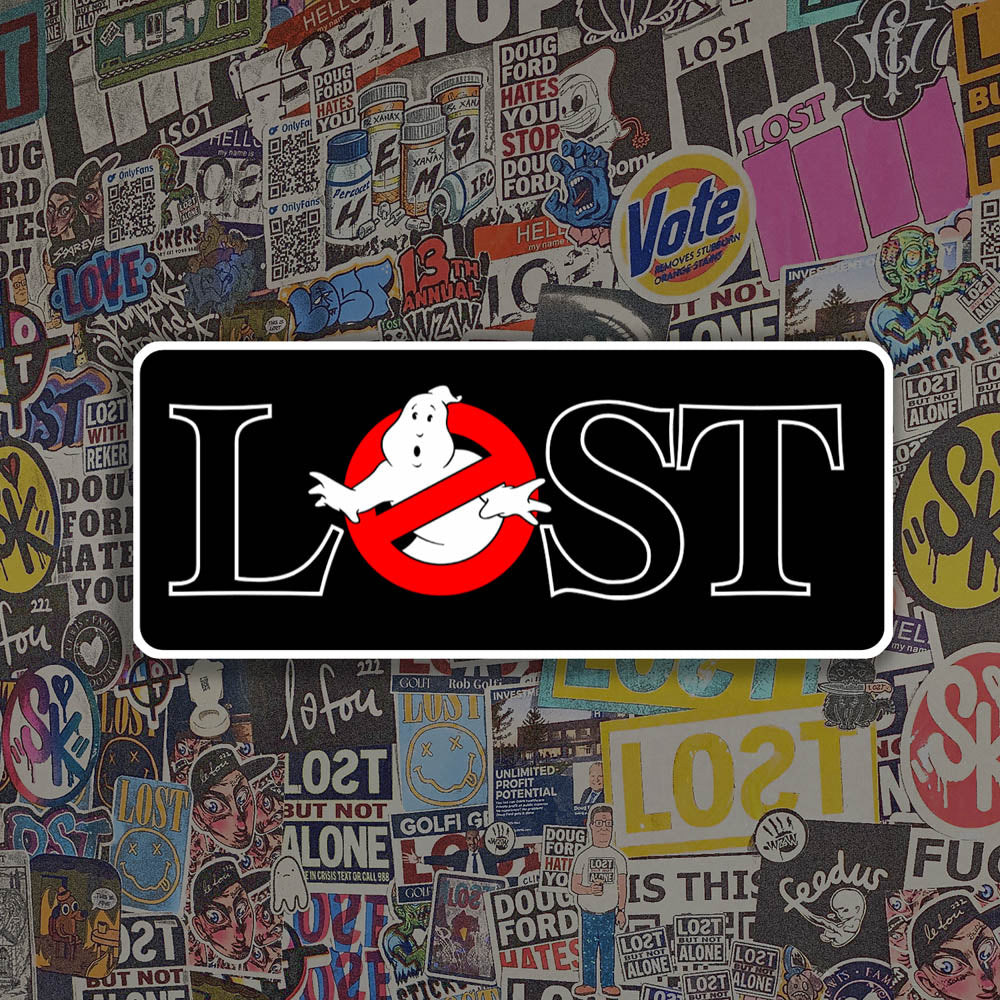 The Lostbusters graffiti sticker. Featuring the 80's ghostbusters logo as the O in the word LOST. Colourful graffiti stickers provide the background for this display.