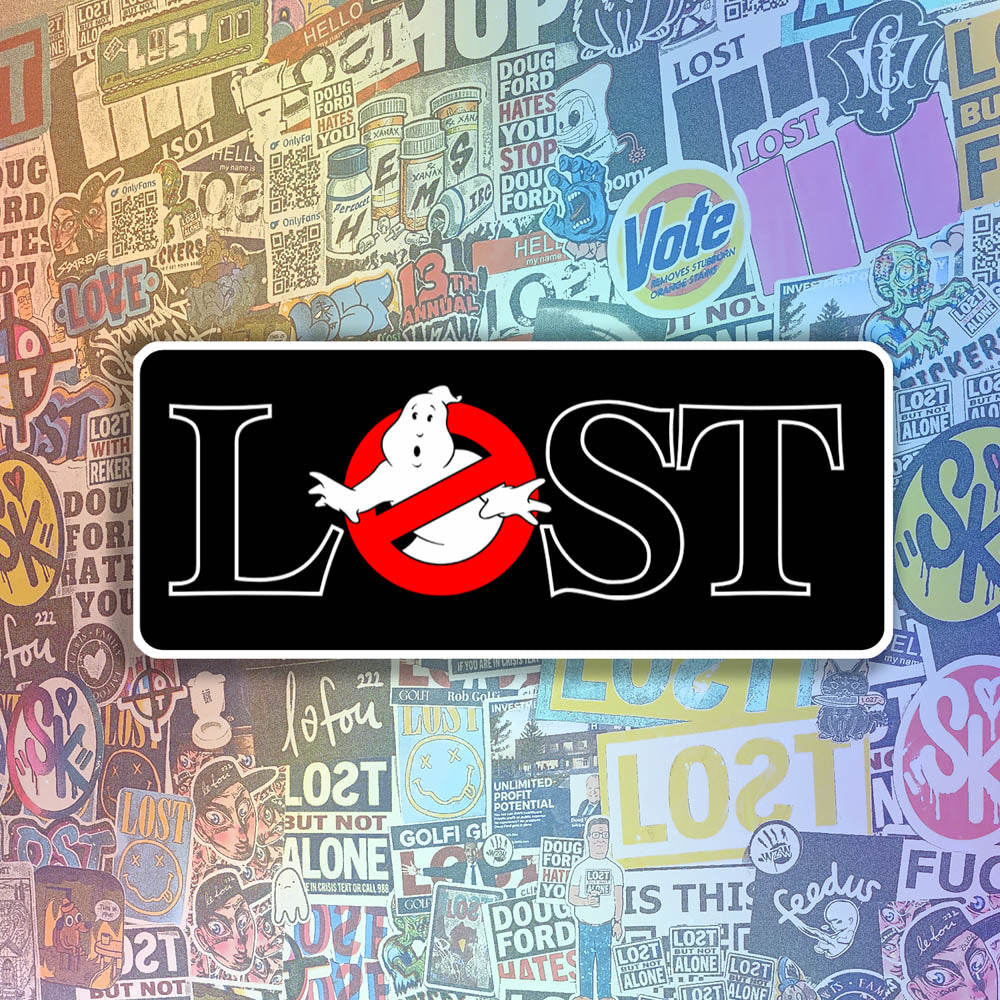 The Lostbusters graffiti sticker. Featuring the 80's ghostbusters logo as the O in the word LOST. Colourful graffiti stickers provide the background for this display.