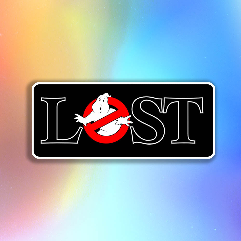 The Lostbusters graffiti sticker. Featuring the 80's ghostbusters logo as the O in the word LOST. The sticker is displayed against a holographic rainbow background.