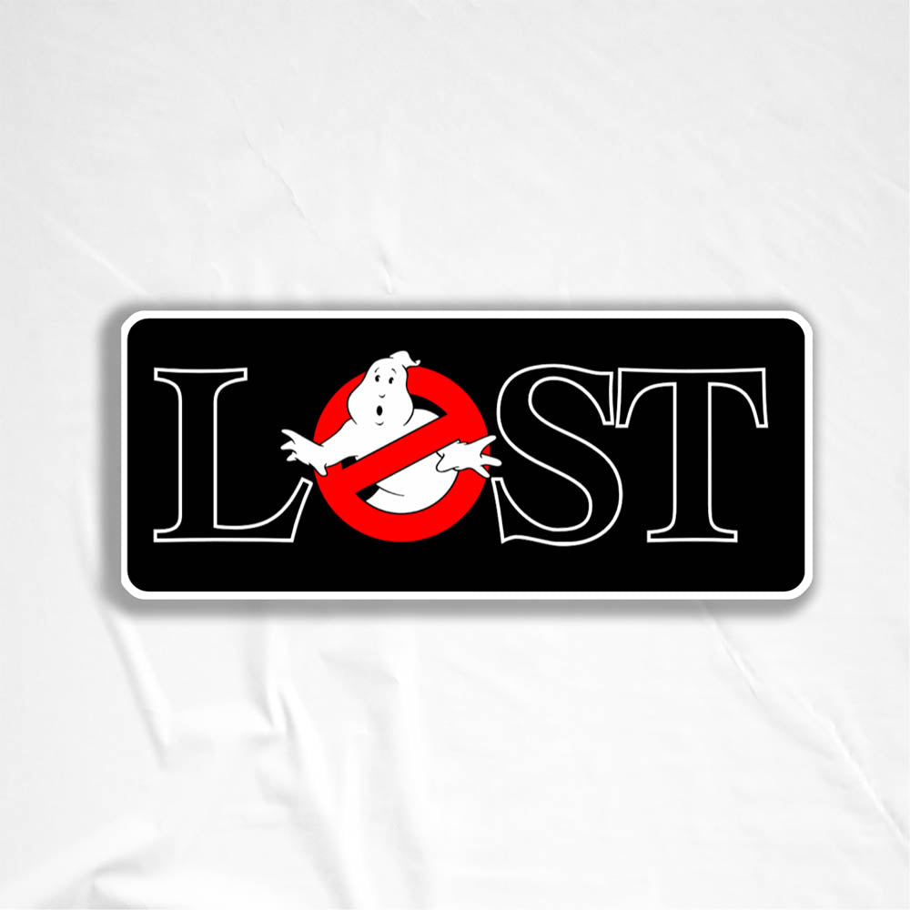 The Lostbusters graffiti sticker. Featuring the 80's ghostbusters logo as the O in the word LOST. The sticker is displayed against a white background.