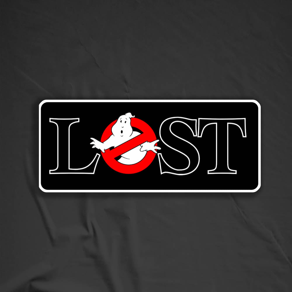 The Lostbusters graffiti sticker. Featuring the 80's ghostbusters logo as the O in the word LOST. This sticker is displayed against a black background.