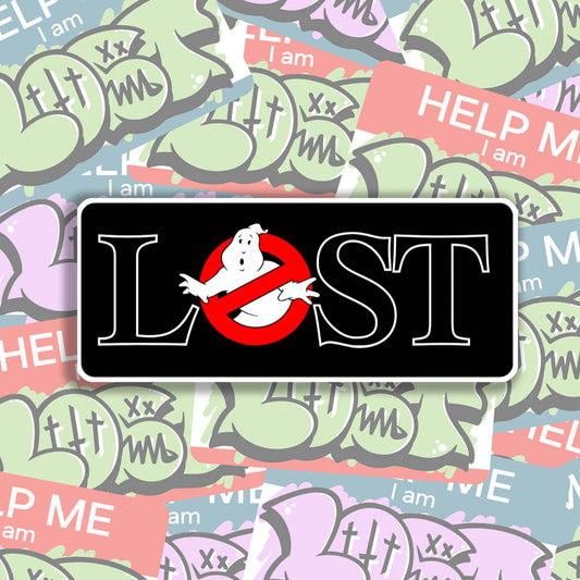 The Lostbusters graffiti sticker. Featuring the 80's ghostbusters logo as the O in the word LOST. Colourful graffiti stickers provide the background for this display.