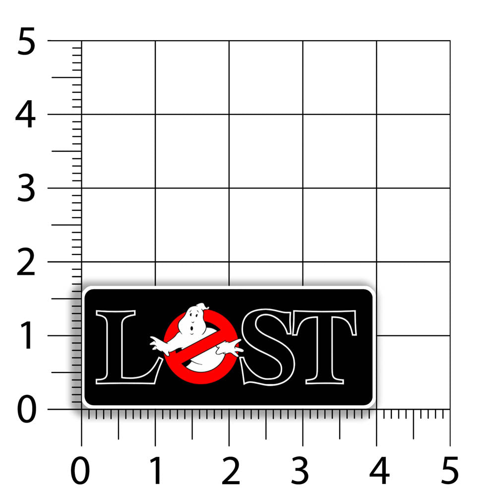 The Lostbusters graffiti sticker. Featuring the 80's ghostbusters logo as the O in the word LOST. The sticker is displayed against a sizing chart showing that it measures 4 inches wide and a bit more than 1 and a half inches high.