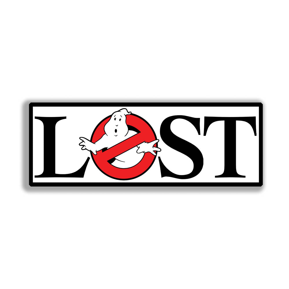 The Lostbusters graffiti sticker. Featuring the 80's ghostbusters logo as the O in the word LOST. This sticker is displayed against a solid white background.