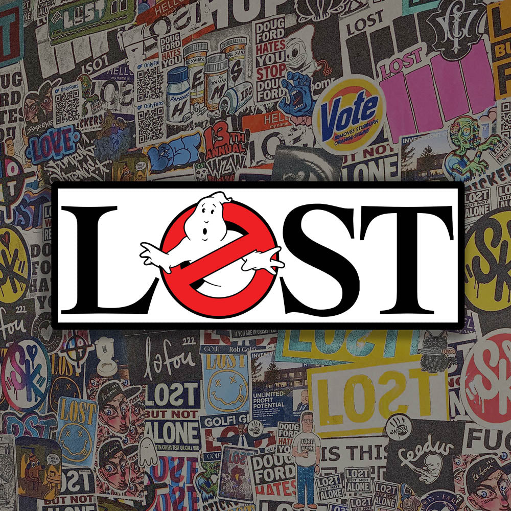 The Lostbusters graffiti sticker. Featuring the 80's ghostbusters logo as the O in the word LOST. Colourful graffiti stickers provide the background for this display.