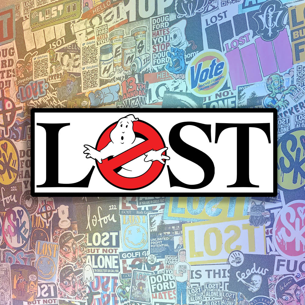 The Lostbusters graffiti sticker. Featuring the 80's ghostbusters logo as the O in the word LOST. Colourful graffiti stickers provide the background for this display.