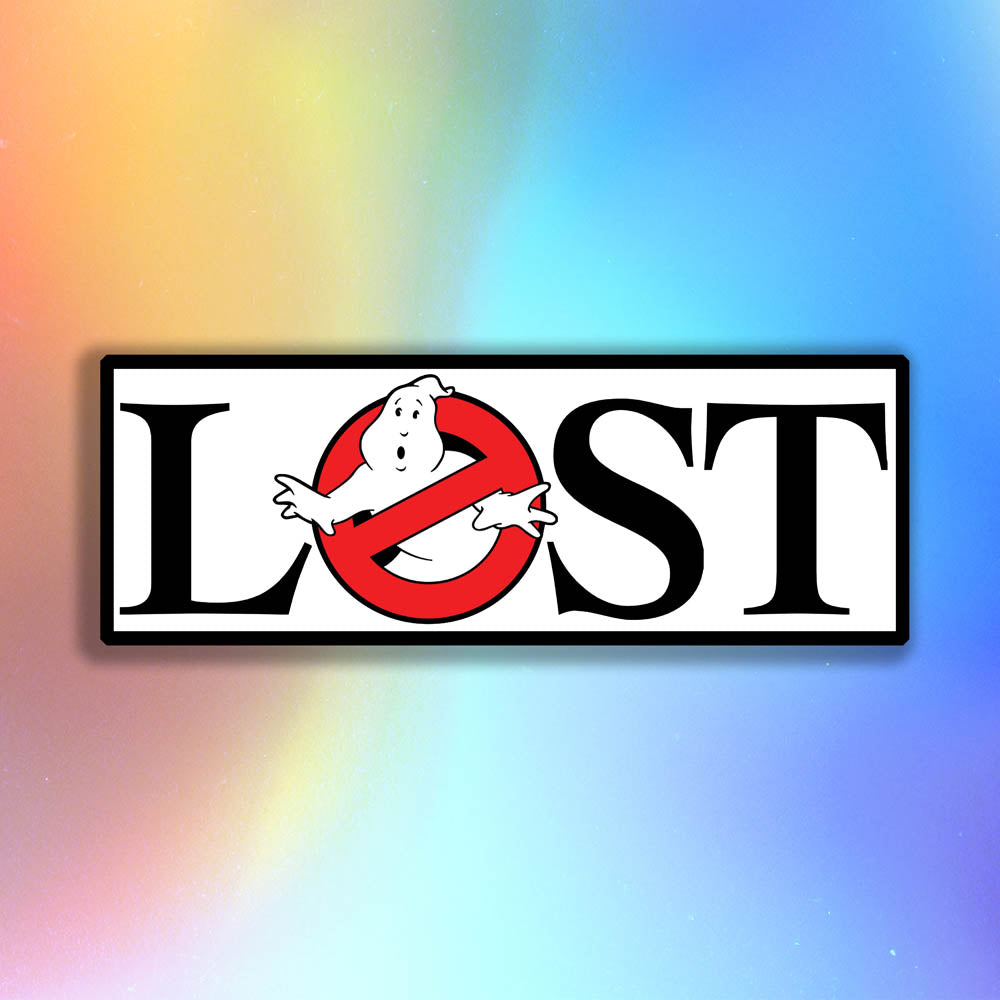 The Lostbusters graffiti sticker. Featuring the 80's ghostbusters logo as the O in the word LOST. This sticker is displayed against a holographic rainbow background.