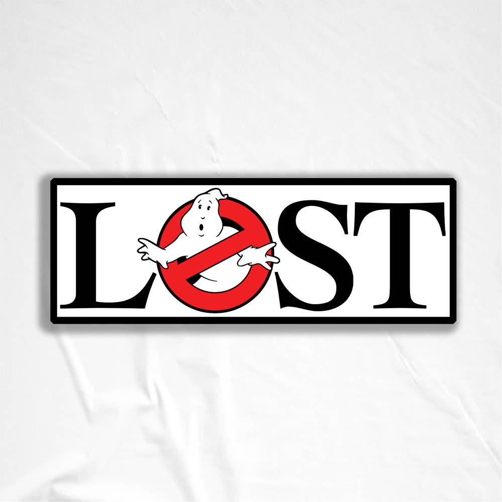 The Lostbusters graffiti sticker. Featuring the 80's ghostbusters logo as the O in the word LOST. This sticker is displayed against a white background.