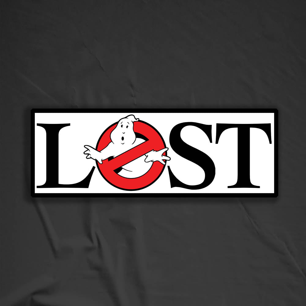 The Lostbusters graffiti sticker. Featuring the 80's ghostbusters logo as the O in the word LOST. The sticker is displayed against a black background.