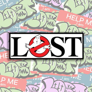 The Lostbusters graffiti sticker. Featuring the 80's ghostbusters logo as the O in the word LOST. Colourful graffiti stickers provide the background for this display.