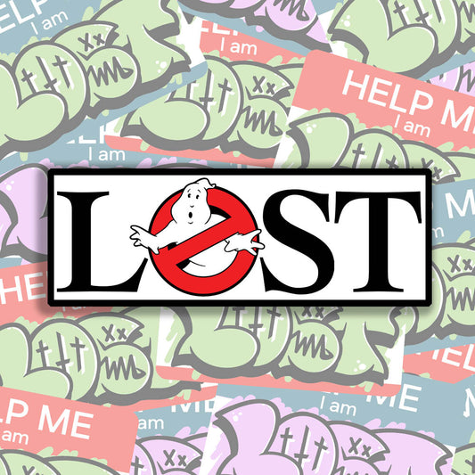 The Lostbusters graffiti sticker. Featuring the 80's ghostbusters logo as the O in the word LOST. Colourful graffiti stickers provide the background for this display.