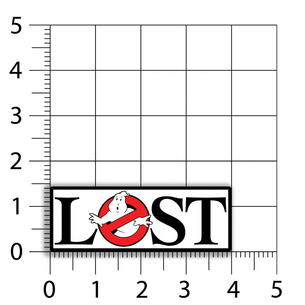 The Lostbusters graffiti sticker. Featuring the 80's ghostbusters logo as the O in the word LOST. The sticker is displayed against a size chart that indicates that the sticker measures 4 inches wide and 1.5 inches high.