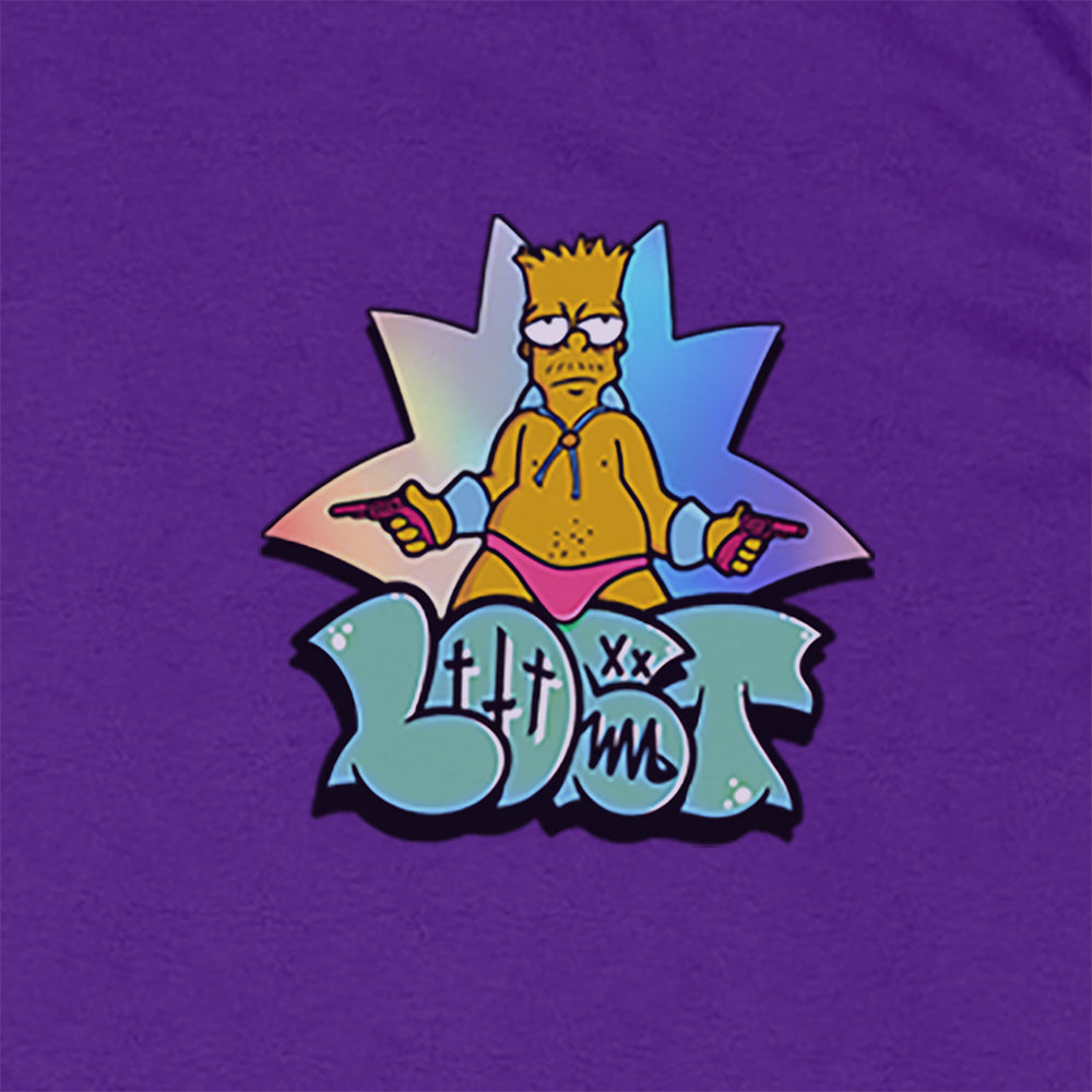 Detail view of the Bang Bang t-shirt by Lost Streetwear. Full color design on a purple shirt.