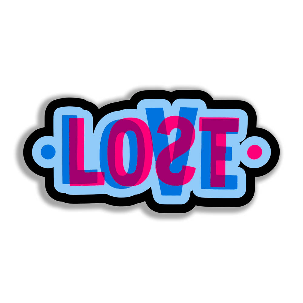 The LOVE|LOST graffiti sticker. This die-cut sticker features The word LOST in pink overlapping and mixing with the word LOVE in blue below it. The sticker is surrounded by a thick black outline with a solid white display background.