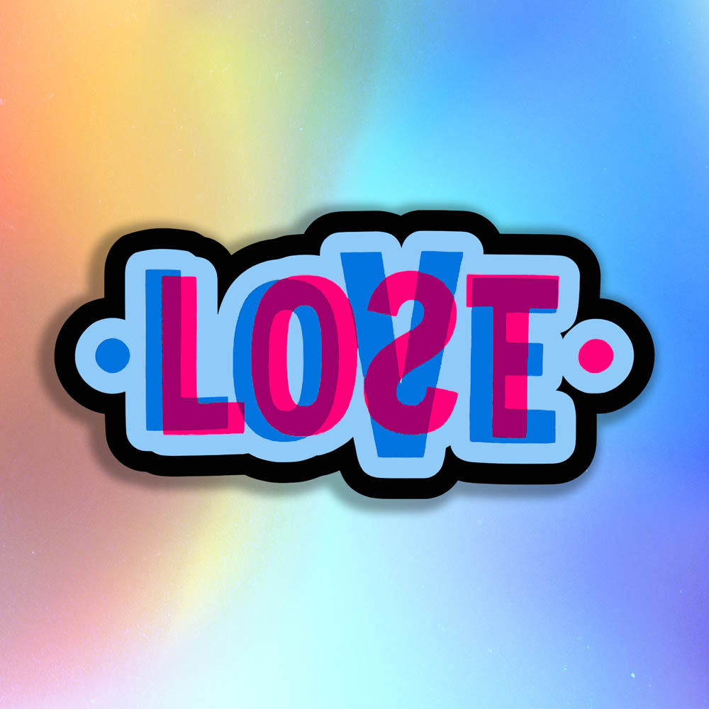 The LOVE|LOST graffiti sticker. This die-cut sticker features The word LOST in pink overlapping and mixing with the word LOVE in blue below it. The sticker is surrounded by a thick black outline with colourful holographic background.