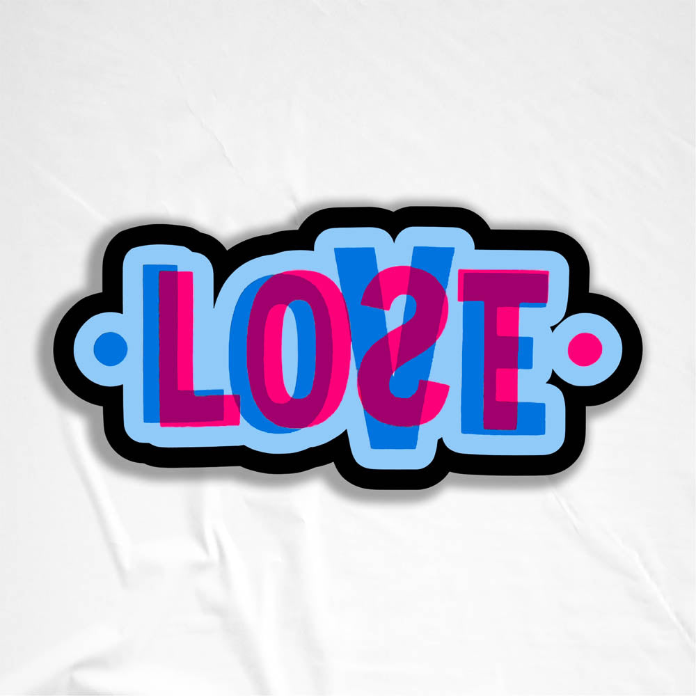 The LOVE|LOST graffiti sticker. This die-cut sticker features The word LOST in pink overlapping and mixing with the word LOVE in blue below it. The sticker is surrounded by a thick black outline with a white background.