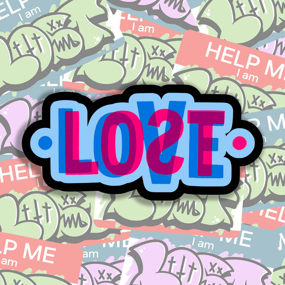 The LOVE|LOST graffiti sticker. This die-cut sticker features The word LOST in pink overlapping and mixing with the word LOVE in blue below it. The sticker is surrounded by a thick black outline with colourful graffiti stickers providing the background for this display.