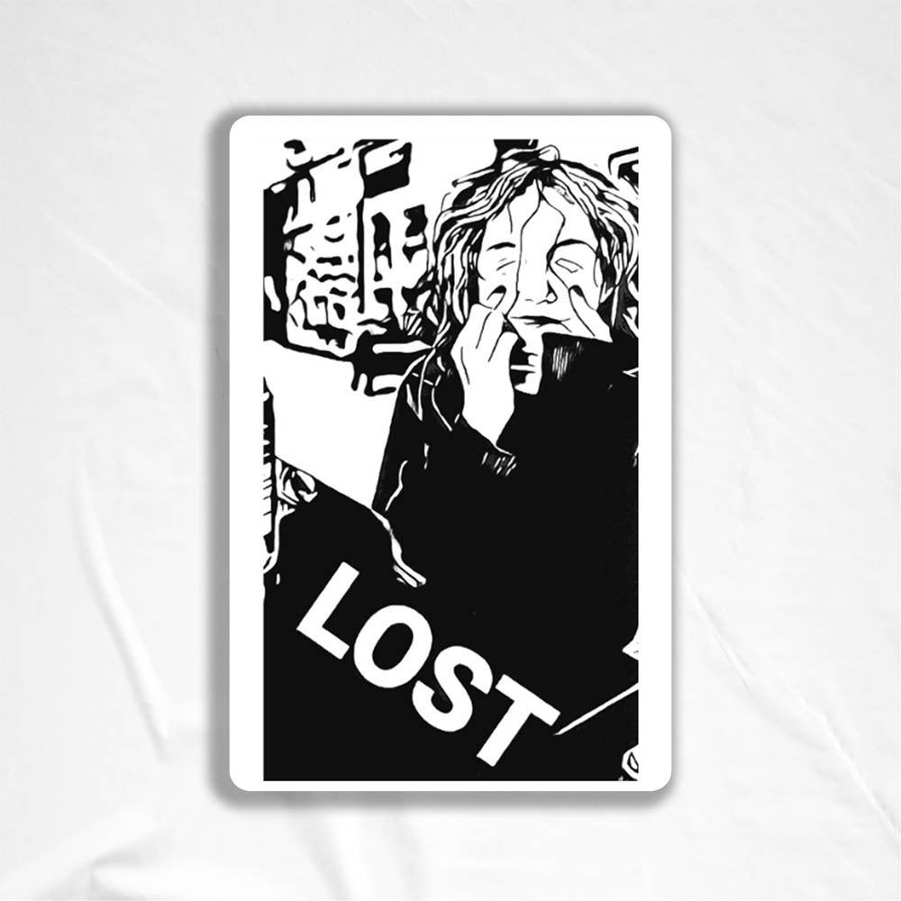 The Mahtay Cafe sticker by LOST. Black and white design of Charlotte after eating a giant cookie.