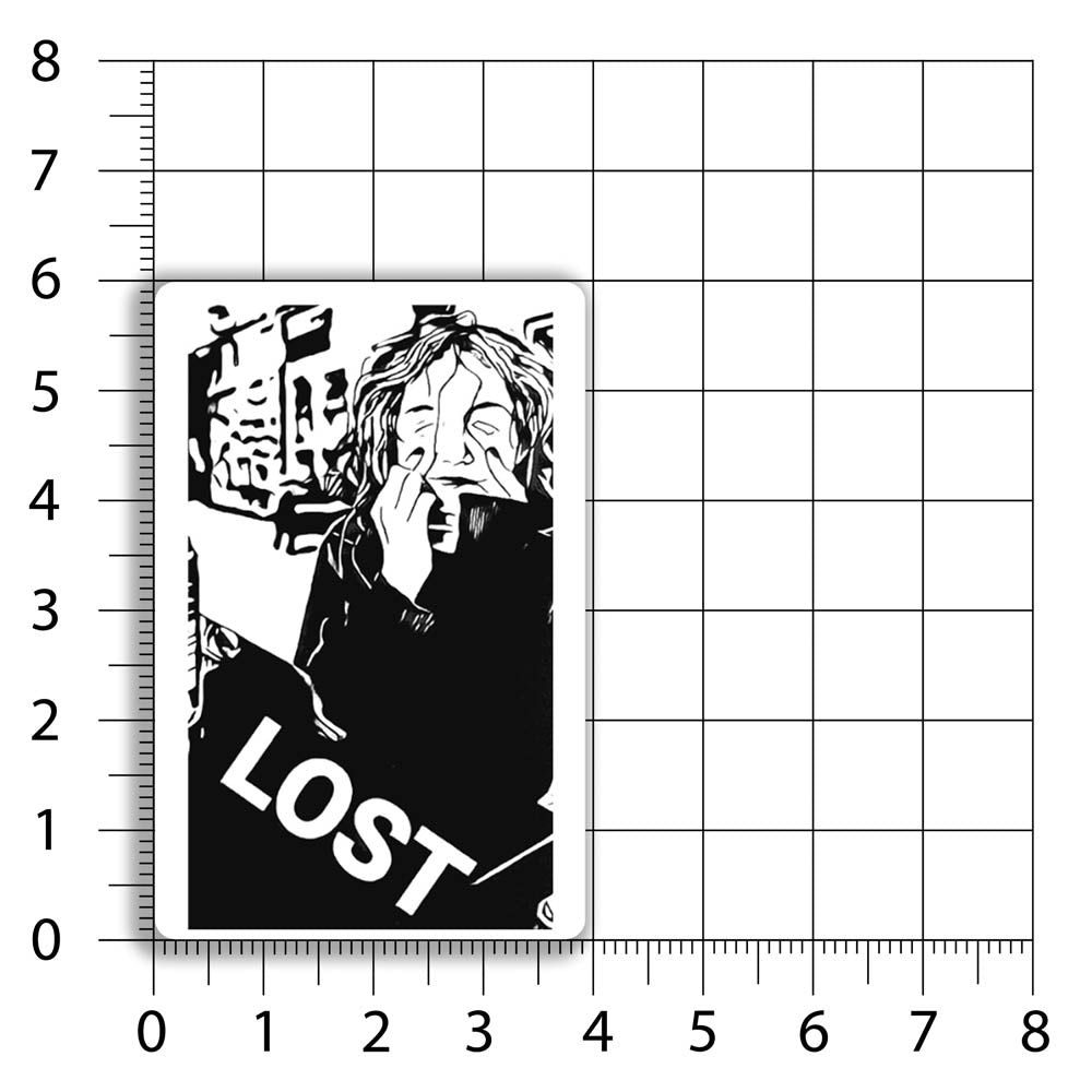 The Mahtay Cafe sticker by LOST. Black and white design of Charlotte after eating a giant cookie. A sizing chart indicates that this sticker measures 4 by 6 inches and has rounded corners.