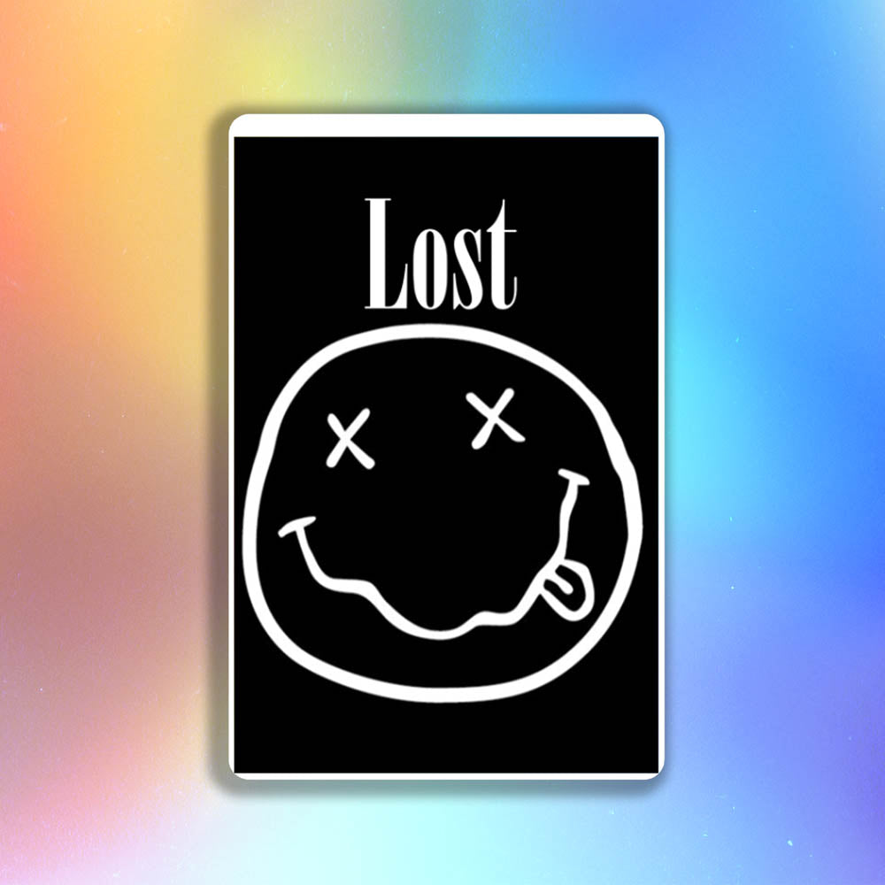 The In Bloom sticker by LOST. Black and white smiley face design with  LOST written above it.