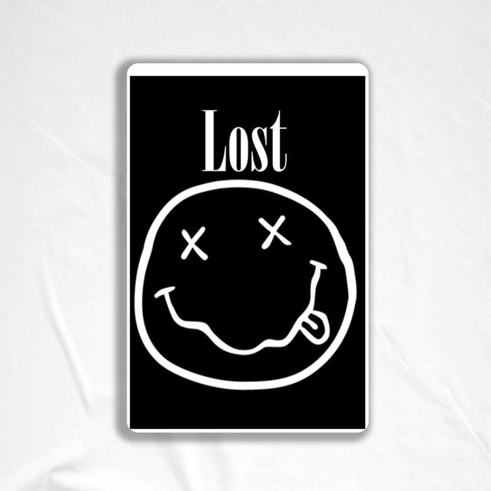 The In Bloom sticker by LOST. Black and white smiley face design with  LOST written above it.