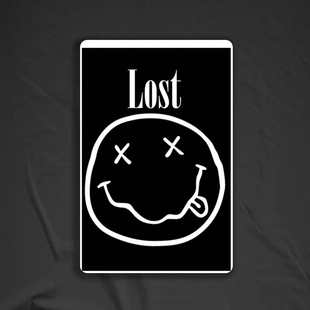 The In Bloom sticker by LOST. Black and white smiley face design with  LOST written above it.