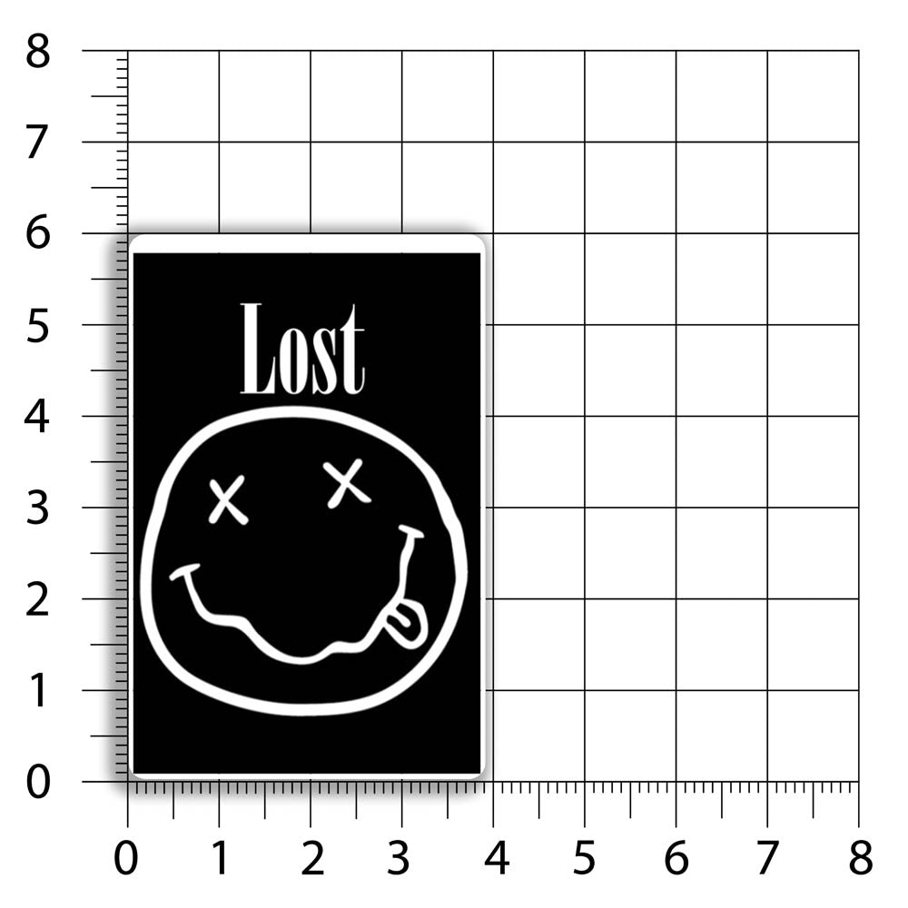 The In Bloom sticker by LOST. Black and white smiley face design with  LOST written above it. A sizing chart indicates that this rectangular sticker measures 4 by 6 inches with rounded corners.