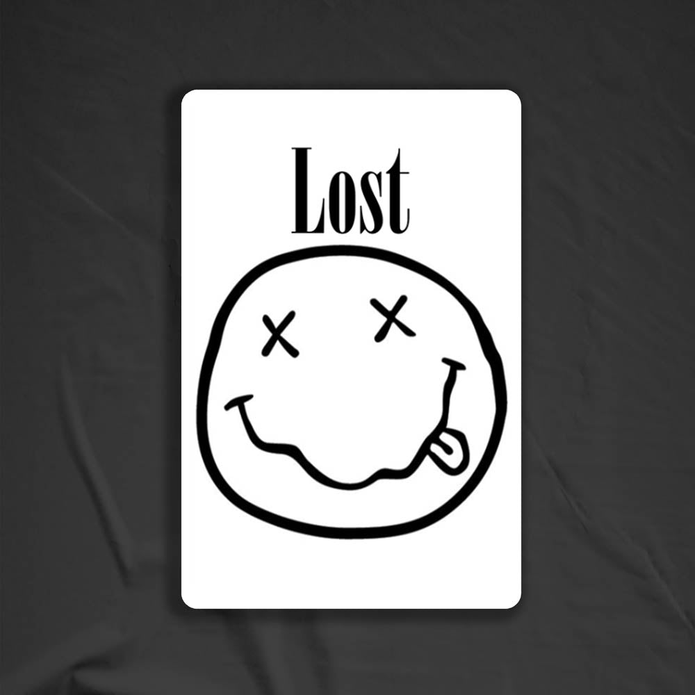 The In Bloom sticker by LOST. Black and white smiley face design with  LOST written above it.