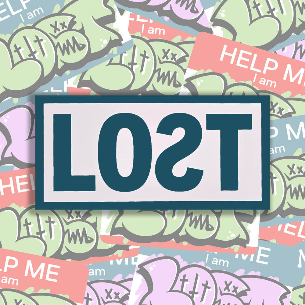 The original graffiti sticker by LOST. A simple two color cut design featuring the word LOST written with a backwards S in greenish blue and contained within a white rectangle. The sticker is set against a collection of colorful graffiti stickers.