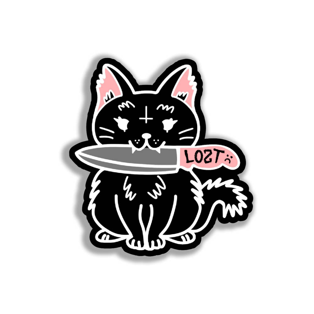 Pancake graffiti sticker. This die-cut sticker features the black cat Pancake holding a knife in her mouth. The sticker is displayed against a solid white background.